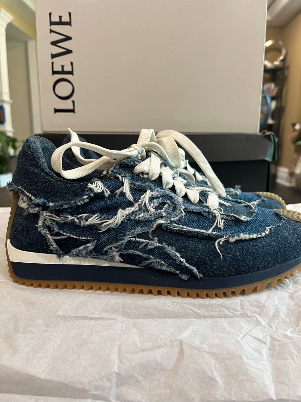 Loewe Distressed Denim Runner Sneakers in Blue with Cream Laces